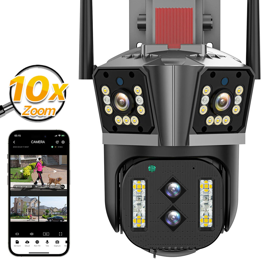 8K HD 16MP 10X Zoom WiFi IP Camera Auto Tracking Two Way Audio PTZ Camera Outdoor Four Lens Three Screen 4MP+4MP+4MP+4MP Surveillance Security CCTV Cam