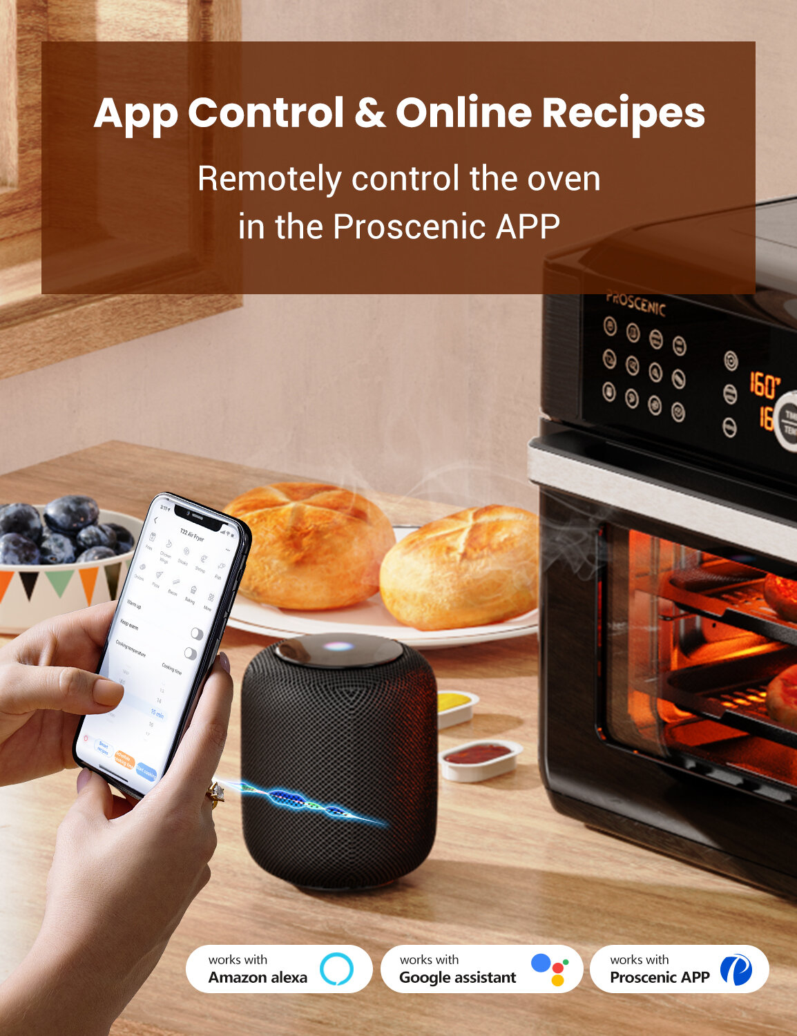 Proscenic T31 Air Fryer Oven 1700W 15L Digital Air Fryer Oven with Rapid Air Circulation LED Touchscreen & APP/ALEXA Control 12 Preset Programs 100+ Online Recipes