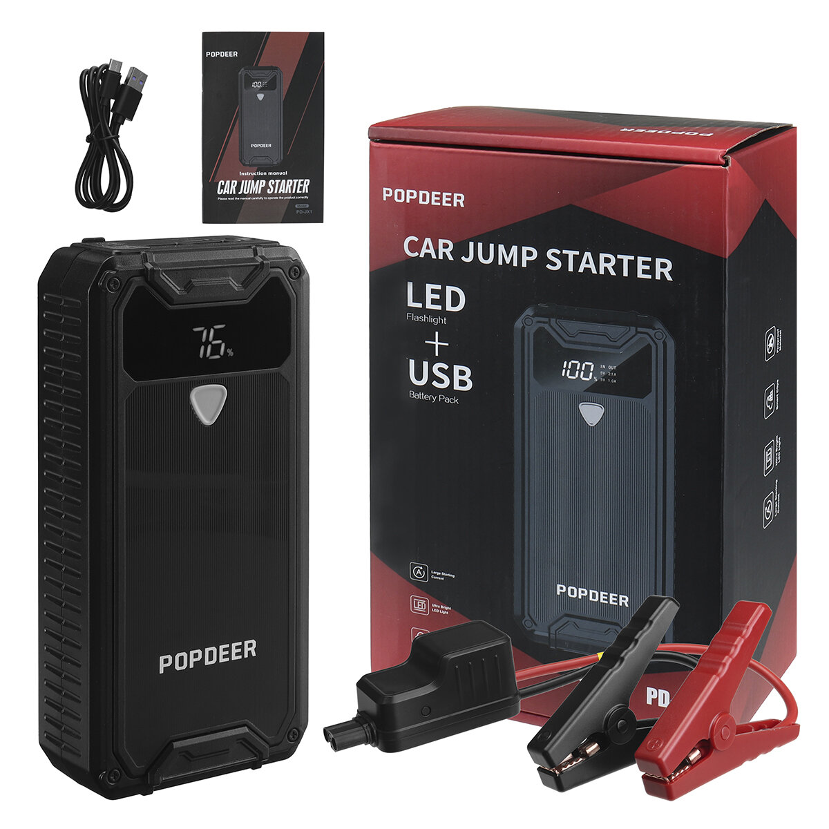 POPDEER PD-JX1 1500A 15000mAh Portable Car Jump Starter with LED Flashlight Powerbank Emergency Power Supply