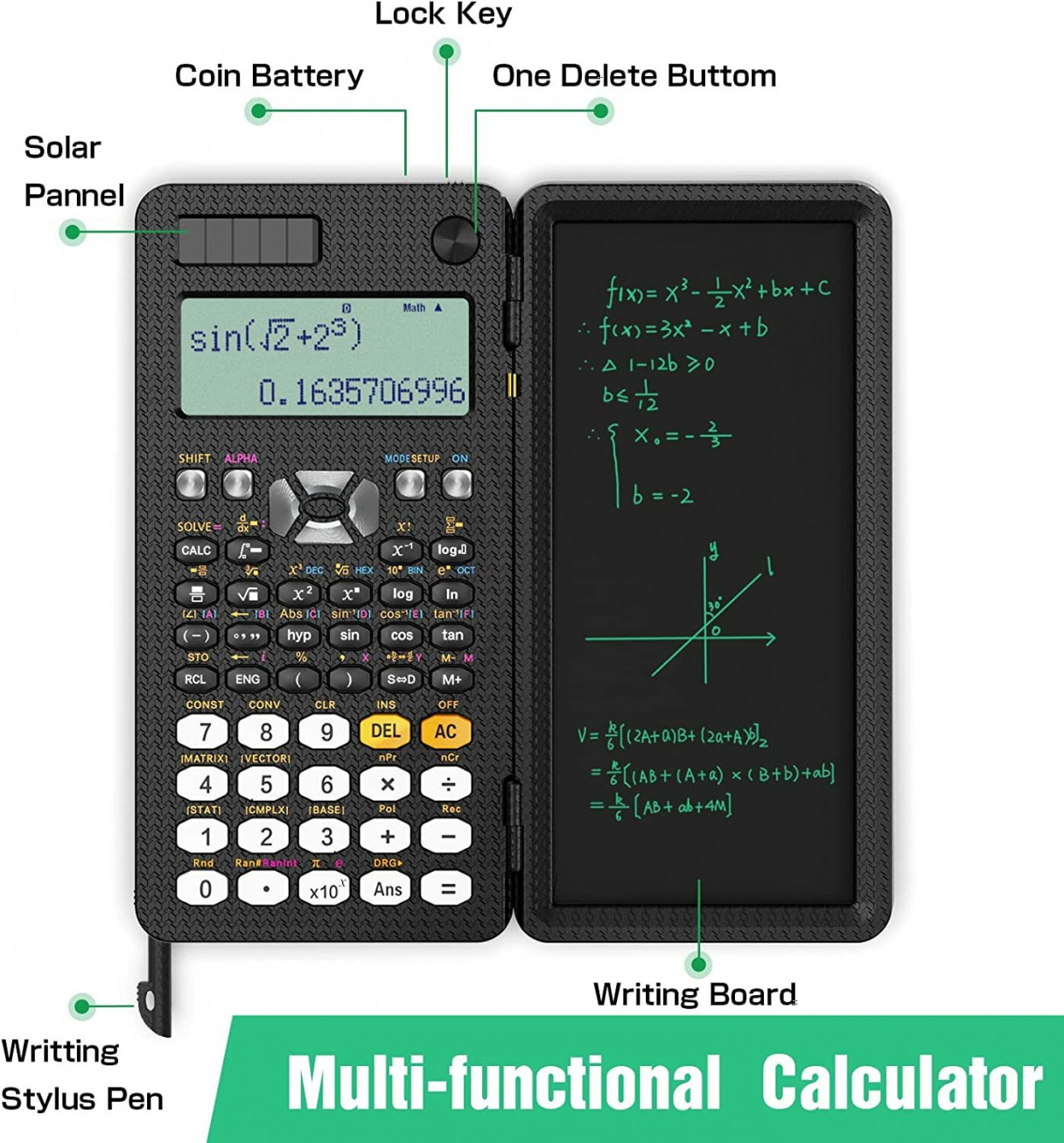 NEWYES 991ES 6.5 Inches Scientific Calculator with LCD Writing Tablet and 417 Functions Solar Energy Science Calculators Notepad Professional Foldable Calculators for School Students Office Assistant