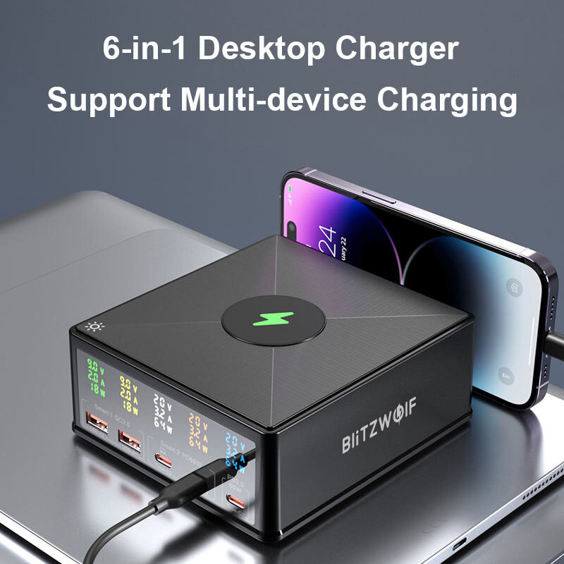 BlitzWolf® 868H 160W 5-Port USB PD Desktop Charger Dual USB-A QC3.0+Dual PD65W Type-C+65W Type-C PD3.0 with 15W 10W 7.5W 5W Wireless Fast Charger for iPhone 14 14 Pro Max for Samsung Galaxy Z Fold 4 S22 Ultra