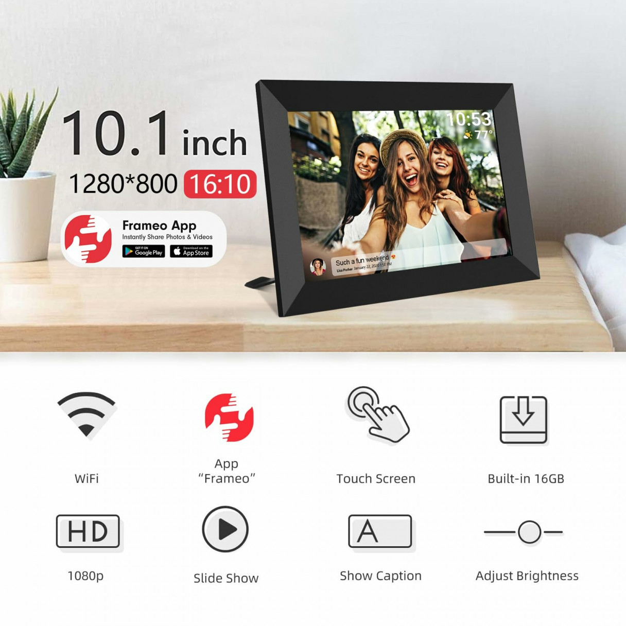 Frameo 10.1 Inch Smart WiFi Digital Photo Frame 1280x800 IPS LCD Touch Screen Auto-Rotate Portrait and Landscape Built in 16GB Memory Share Moments Instantly via Frameo App from Anywhere EU Plug Adapter