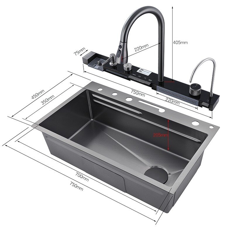 AGSIVO SUS 304 Stainless Steel Waterfall Kitchen Sink Workstation with Pull Down Sprayer Faucet / Temperature LED Digital Display / Cup Washer / Soap Dispenser