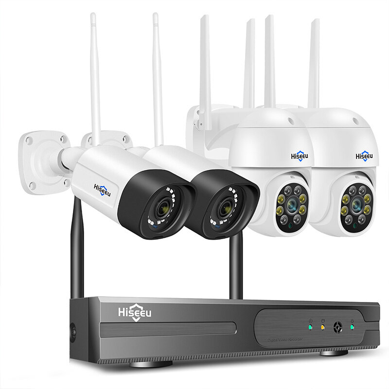 Hiseeu 8WK-4HBC25 Wireless Camera Security System Kit 5MP 5X Digital PTZ 4CH Outdoor CCTV Camera Set 2 way audio IP66 Video Surveillance for Home Safety EU Plug