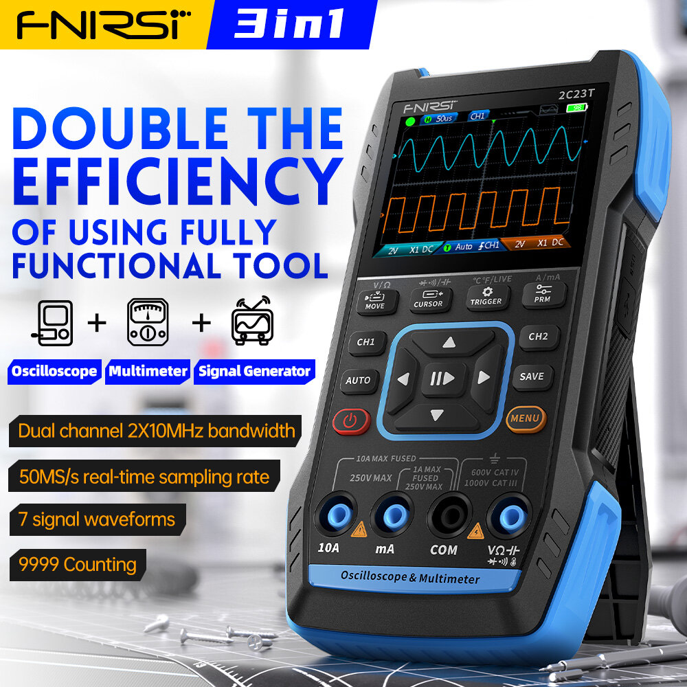 FNIRSI 2C23T 3IN1 Dual Channel 10MHZ*2 50MS/s Handheld Digital Oscilloscope Multimeter + Function Signal Generator