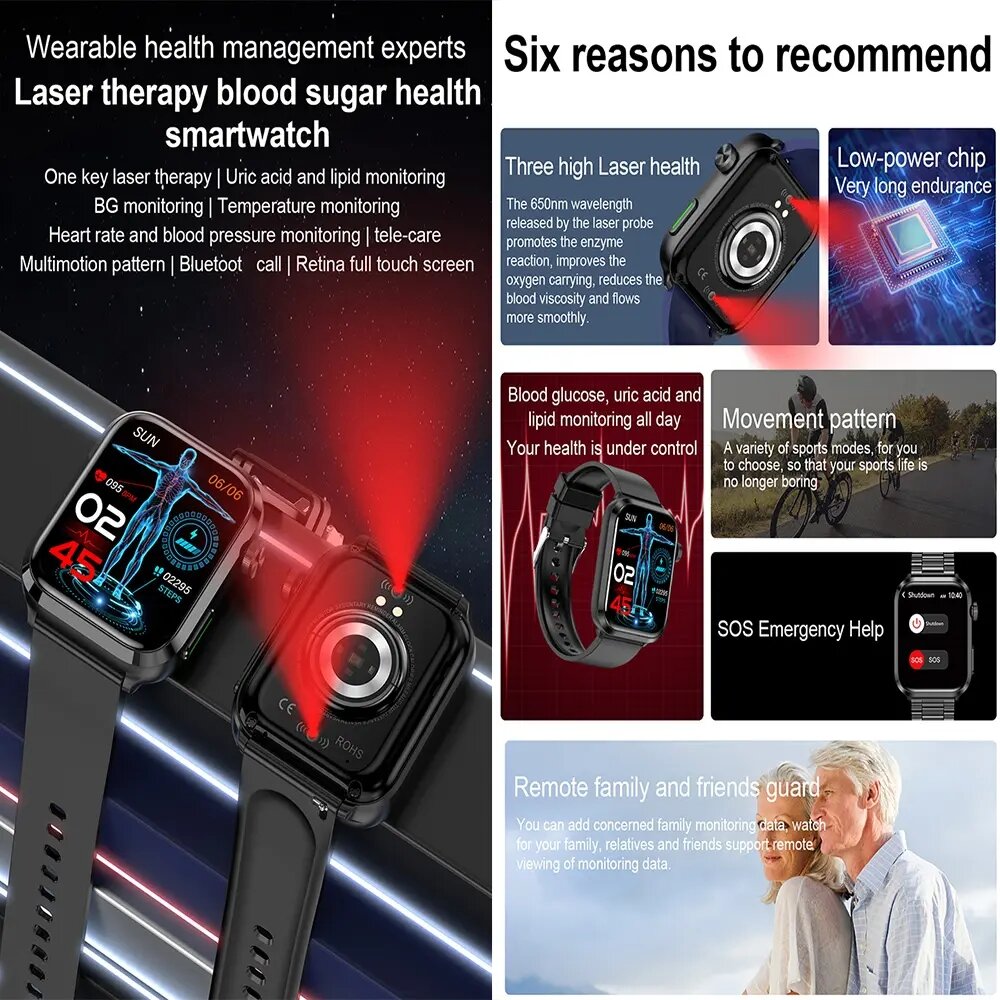 F220 1.91 inch HD Screen Laser Therapy Blood Sugar Uirc Acid Lipid Monitoring Health bluetooth Call Multi-sport Modes Music Playback IP67 Waterproof Smart Watch