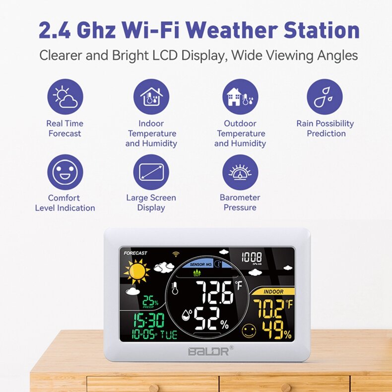 BALDR Wifi Weather Station Alarm Clock Wireless Indoor Outdoor Thermometer Forecast Station App Remote Control
