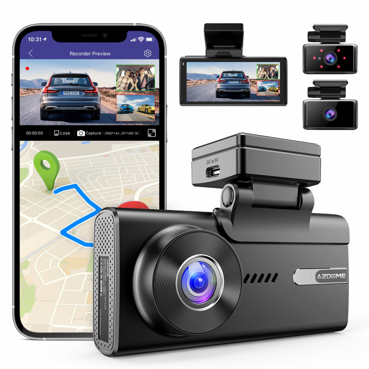 AZDOME M580 5K Car Dash Cam 3 Lens Night Vision Free 64G Card Built In 4 Inch Screen G-Sensor Parking 2.4/5G WIFI GPS Emergency Accident Lock