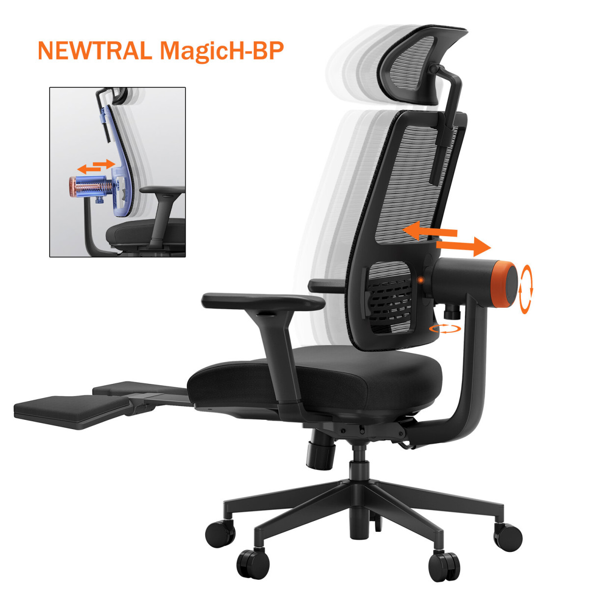 Newtral MagicH-BP Ergonomic Chair with Footrest - Home Office Desk Chair with Auto-Following Lumbar Support, 4D Armrest, Seat Depth & Height Adjustable, 96°-136° Reclines