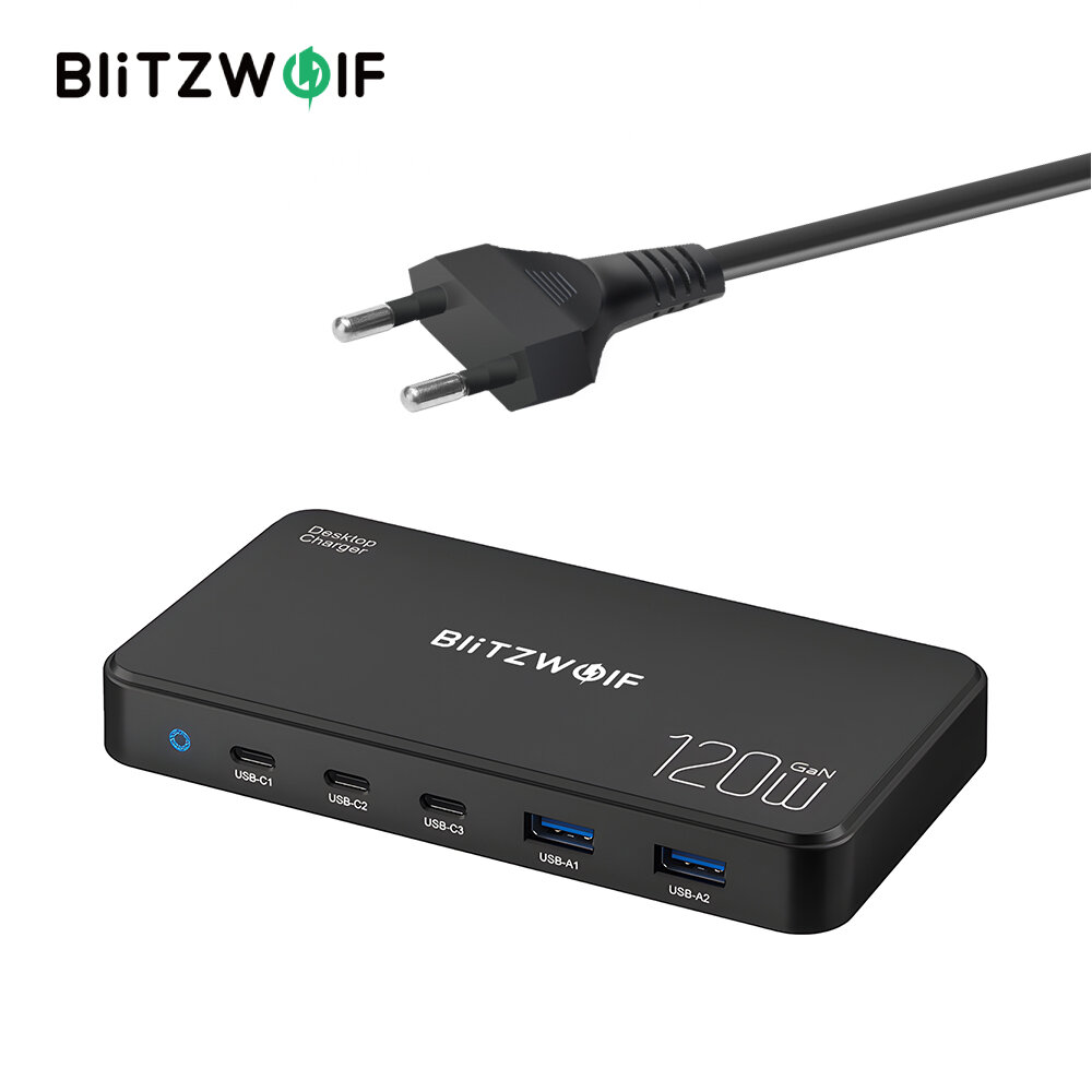 [GaN Tech] Blitzwolf® BW-i100 120W 5-Port USB PD Charger 2USB-A+3USB-C PD3.0 QC3.0 AFC FCP SCP PPS PE APPLE Fast Charging Desktop Charging Station EU Plug for iPhone 15 14 13 for Samsung Galaxy Z Flip4 for MacBook Pro for Airpods for Apple Watch