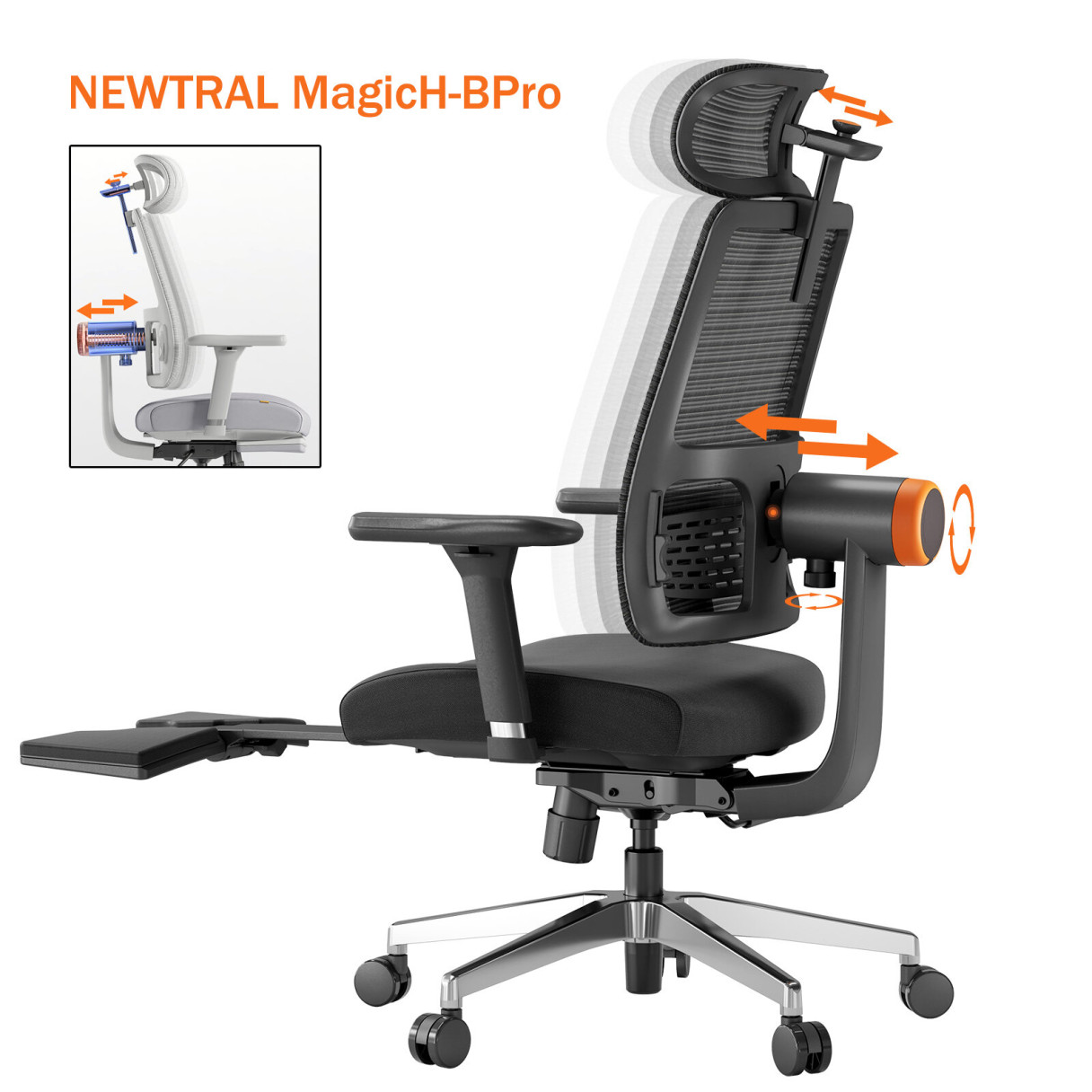 NEWTRAL MagicH-BPro Ergonomic Chair with Footrest, Auto-Following Backrest Headrest, Adaptive Lower Back Support, Adjustable Armrest, 4 Positions to Lock