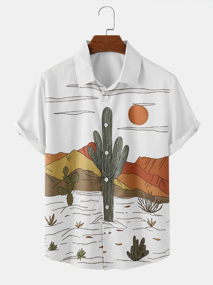 Men Cactus Desert Landscape Print Tropical Plant Short Sleeve Shirts