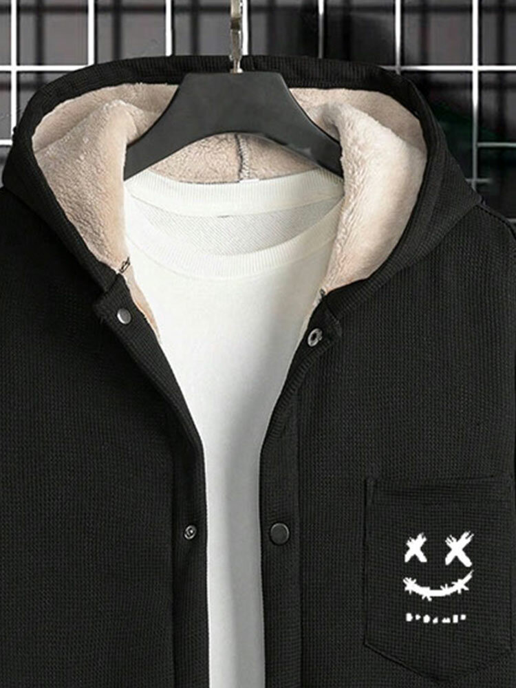 Mens Smile Face Embroidered Snap Button Plush Lined Hooded Jacket