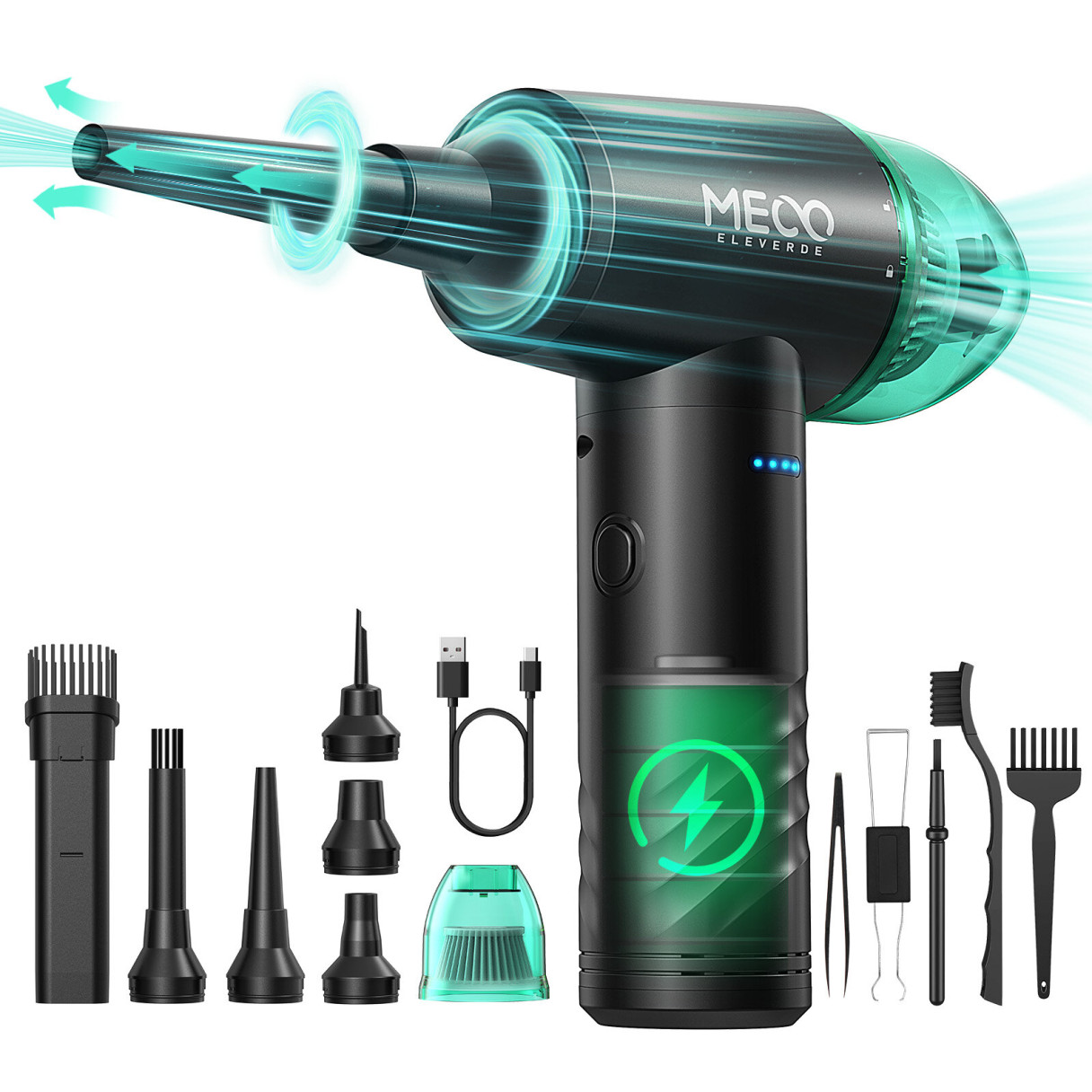 MECO ELEVERDE ME-CR1 Electric Compressed Air Duster & Vacuum Cleaner 4 in 1 Function Powerful 3-Gear to 90000RPM/12000PA Keyboard Cleaner, Rechargeable Cordless Air Duster for Computer/Car/Pet Hair