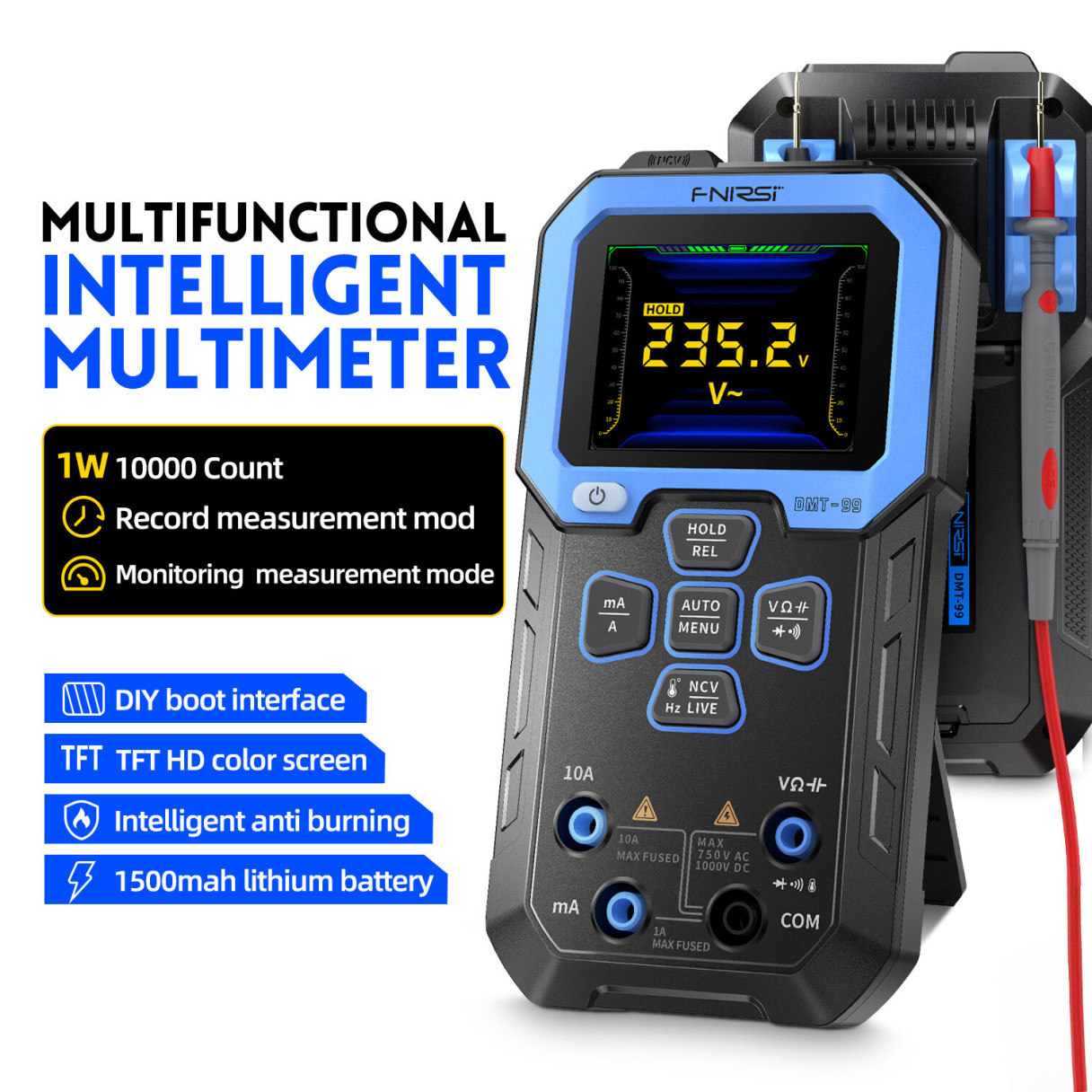 FNIRSI DMT-99 Digital Multimeter 9999 Counts Smart Professional Tester 1000V 10A True RMS Auto Range AC DC Ohm Hz Capacitance