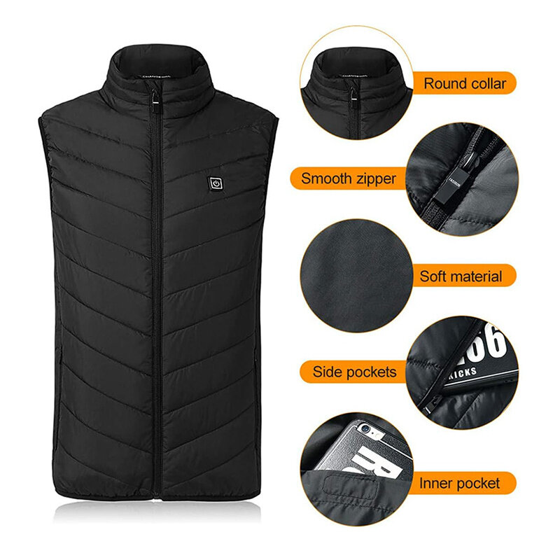 TENGOO HV-09B Heated Vest 9 Heating Zones Trible Gears Temperature Level Control USB Charging Waterproof Hip Length Electric Heating Jacket for Winter Hiking Camping
