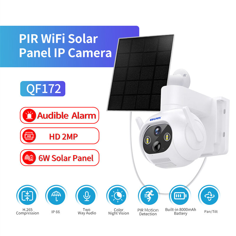ESCAM QF172 2MP HD WiFi Camera with Solar Panel Built-in Battery PIR Motion Detection Full Color Night Vision Two-Way Audio IP66 Outdoors Security Surveillance PTZ IP Camera