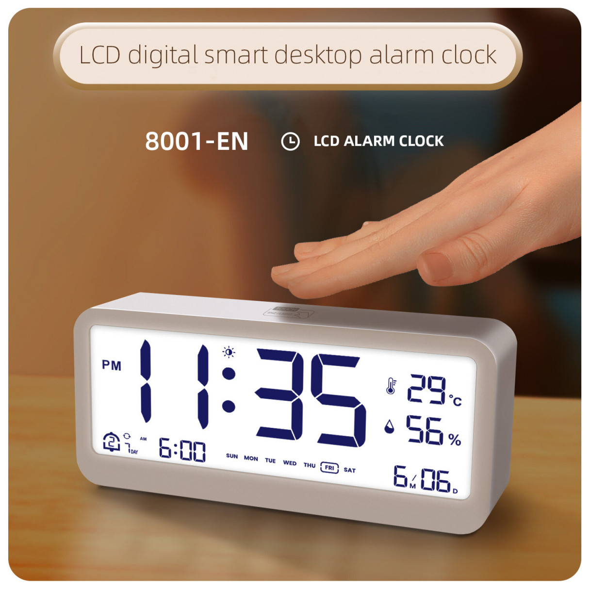 LCD Smart Digital Alarm Clock with Large Display Thermometer Hygrometer Anti-Slip Bottom with Night Light Battery Operated Safe Rounded Corners Design for Home Office Bedroom