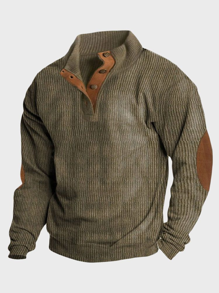 Mens Two Tone Patchwork Stand Collar Corduroy Pullover Sweatshirts