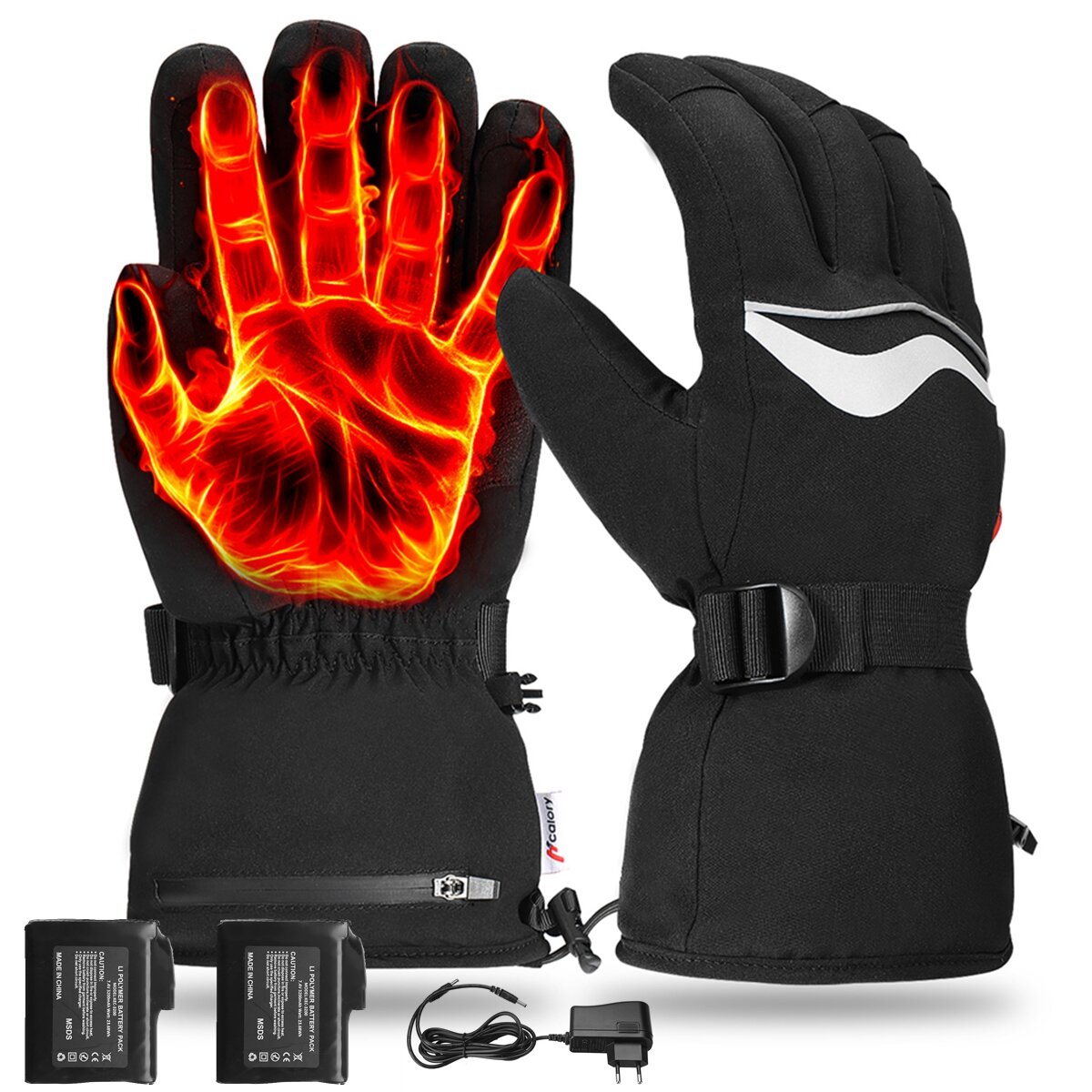 Hcalory 45/55/65℃ 1Pair Black Electric Heated Gloves Waterproof Warm Gloves for Outdoor Sports
