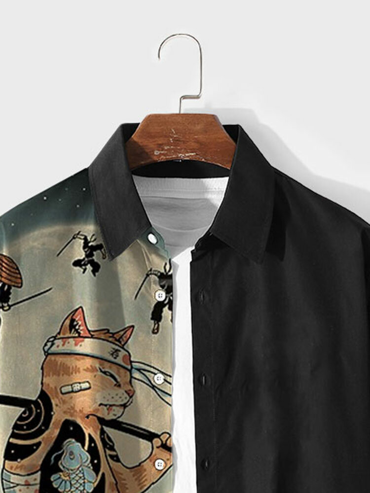 Mens Japanese Cat Fish Print Patchwork Long Sleeve Shirts