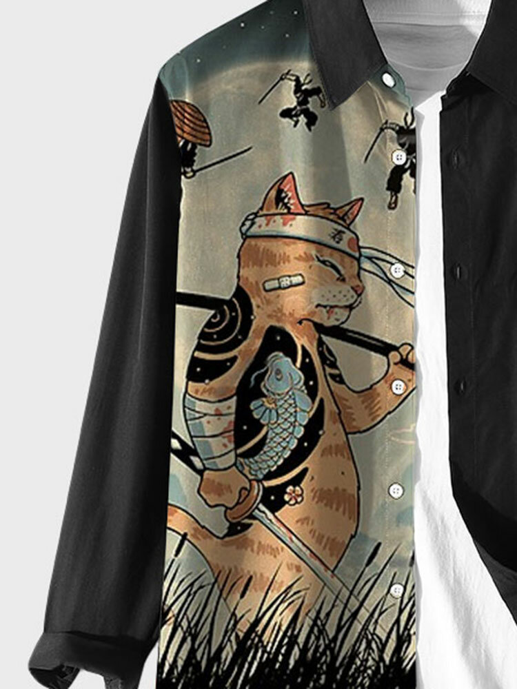 Mens Japanese Cat Fish Print Patchwork Long Sleeve Shirts