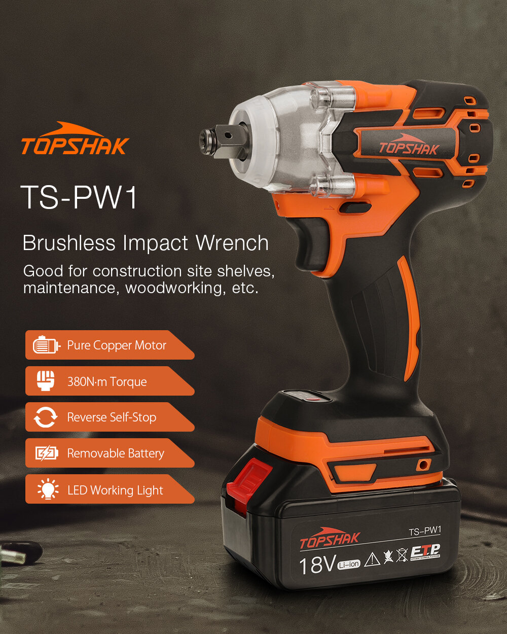 Topshak TS-PW1 380N.M Brushless Electric Impact Wrench LED Working Light Rechargeable Woodworking Maintenance Tool W/ Battery Also For Mak