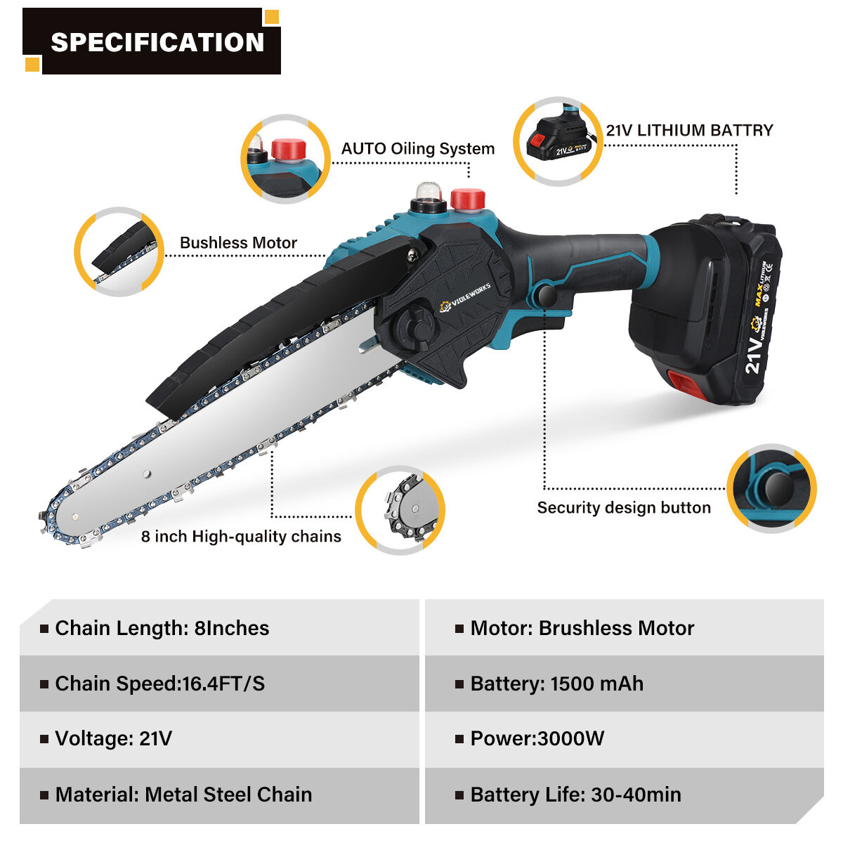 VIOLEWORKS 8 Inch Brushless Electric Saw Automatic Oiler Handheld Garden Wood Logging Chainsaw for 21V Battery Powered Tool