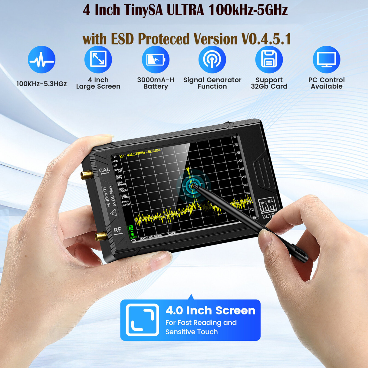 Handheld 4" Display Tiny Spectrum Analyzer TinySA ULTRA 100kHz to 5.3GHz with 32GB Card Version V0.4.5.1
