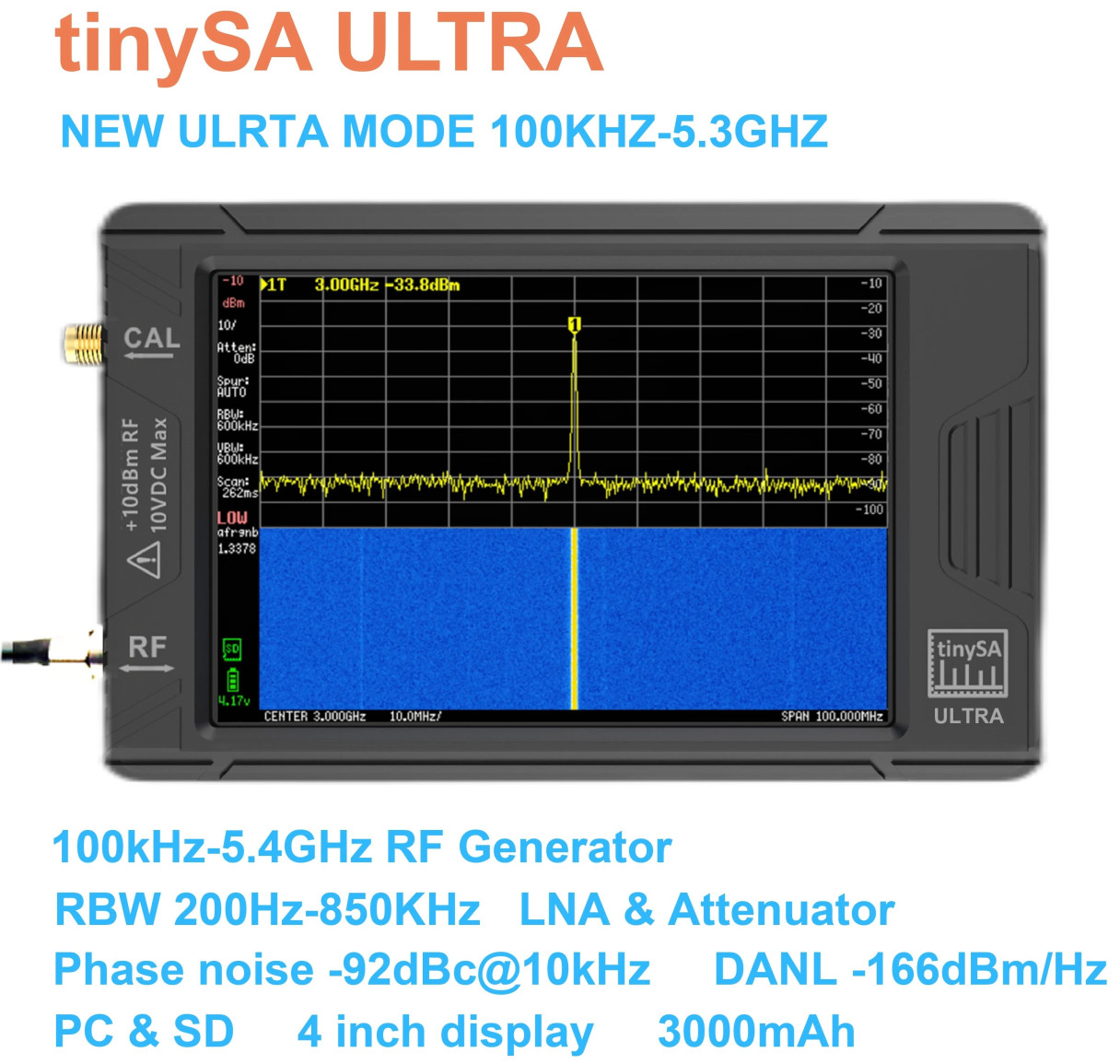 Handheld 4" Display Tiny Spectrum Analyzer TinySA ULTRA 100kHz to 5.3GHz with 32GB Card Version V0.4.5.1