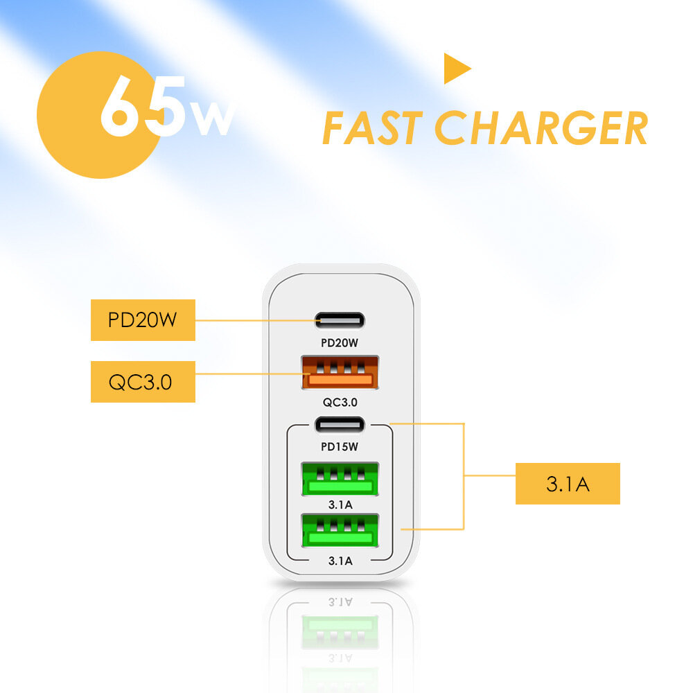 F002 65W 5-Port USB PD Charger 3USB-A+2USB-C Fast Charging Wall Charger Adapter EU Plug for iPhone 12 13 14 14 Pro for Samsung Galaxy S23 for Redmi K60 for Oppo Reno9