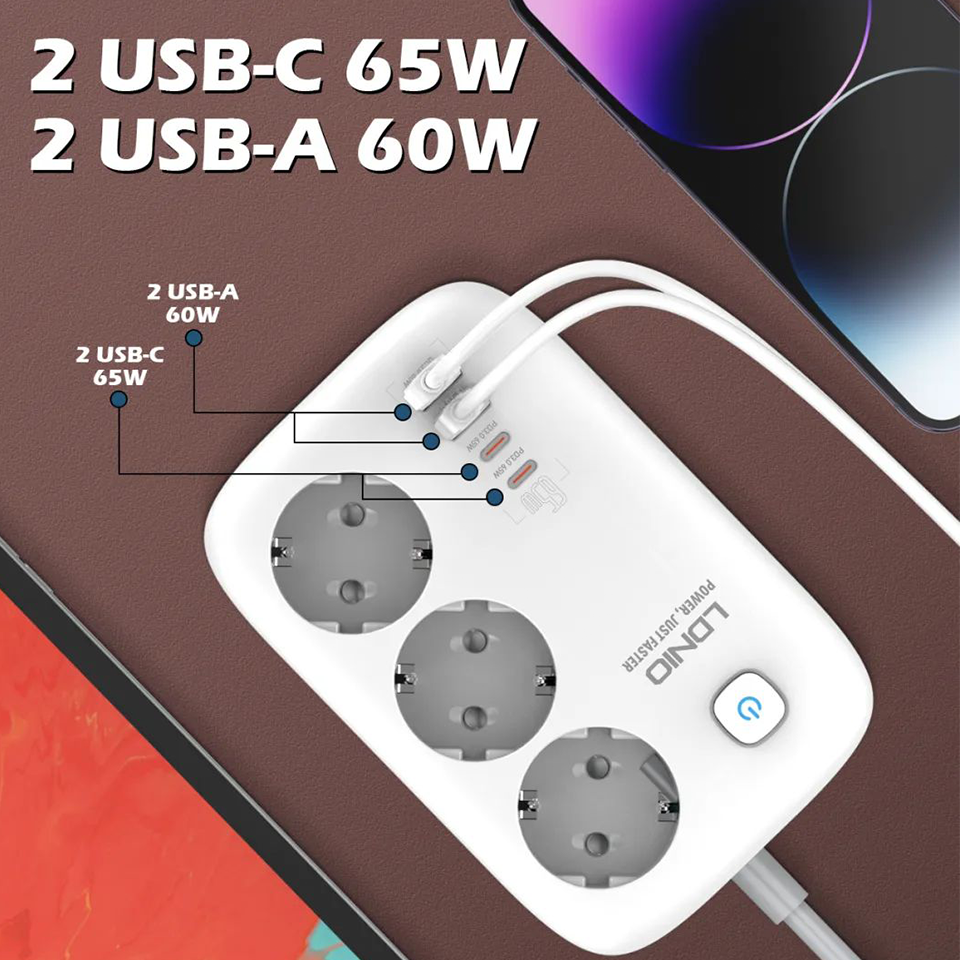 [GaN Tech] LDNIO 3250W 7-Port Power Strip 2USB-A+2USB-C+3 Socket PD QC3.0 Fast Charging Desktop Charging Station EU Plug for iPhone 12 13 14 14 Pro for Samsung Galaxy S23 for Redmi K60 for Oppo Reno9