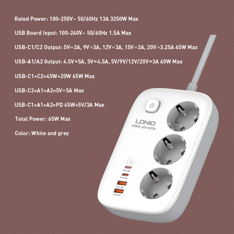 [GaN Tech] LDNIO 3250W 7-Port Power Strip 2USB-A+2USB-C+3 Socket PD QC3.0 Fast Charging Desktop Charging Station EU Plug for iPhone 12 13 14 14 Pro for Samsung Galaxy S23 for Redmi K60 for Oppo Reno9