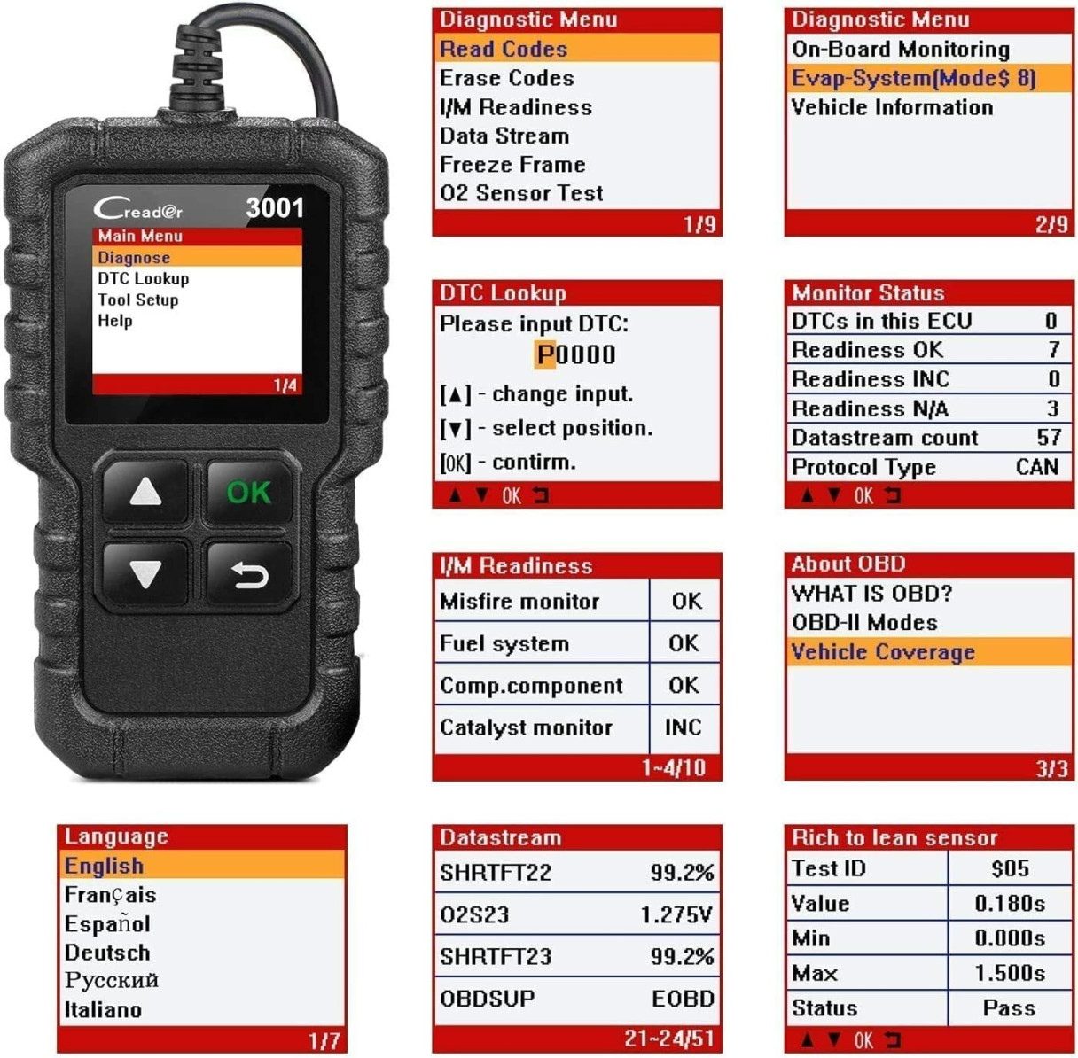 LAUNCH CR3001 Car OBD2 Scanner Full Automotive Diagnostic Code Reader Multilingual Engine Free Update 2024 Upgrade