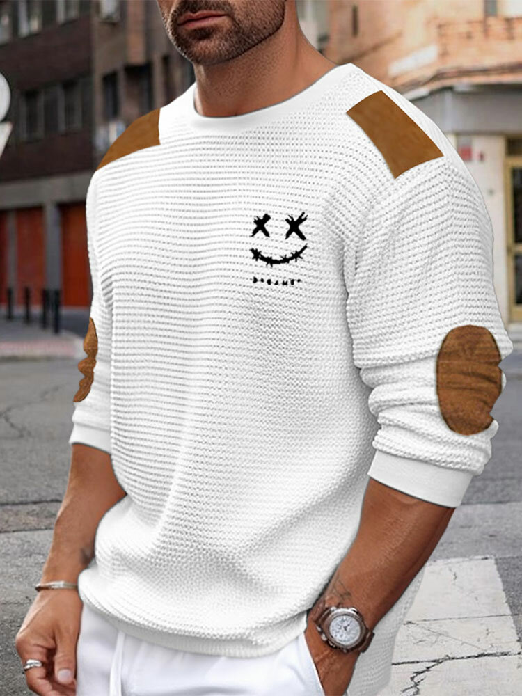 ChArmkpR Mens Pullover Hoodies Smile Embroidered Contrast Patchwork Crew Neck Pullover Sweatshirts