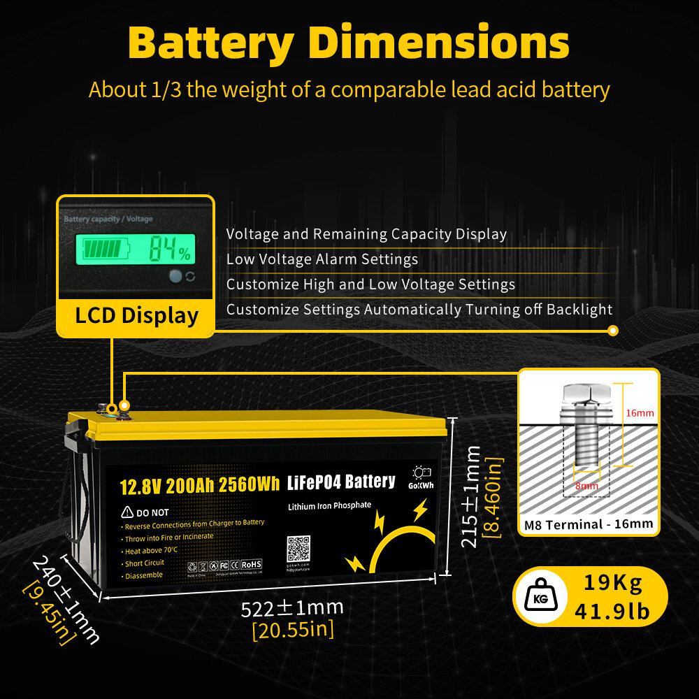 Gokwh 12V 200ah LCD Energy Storage Box 2560Wh  Solar Lithium Ion LiFePO4(LFP)  Battery  for RV Boat Home Energy Storage