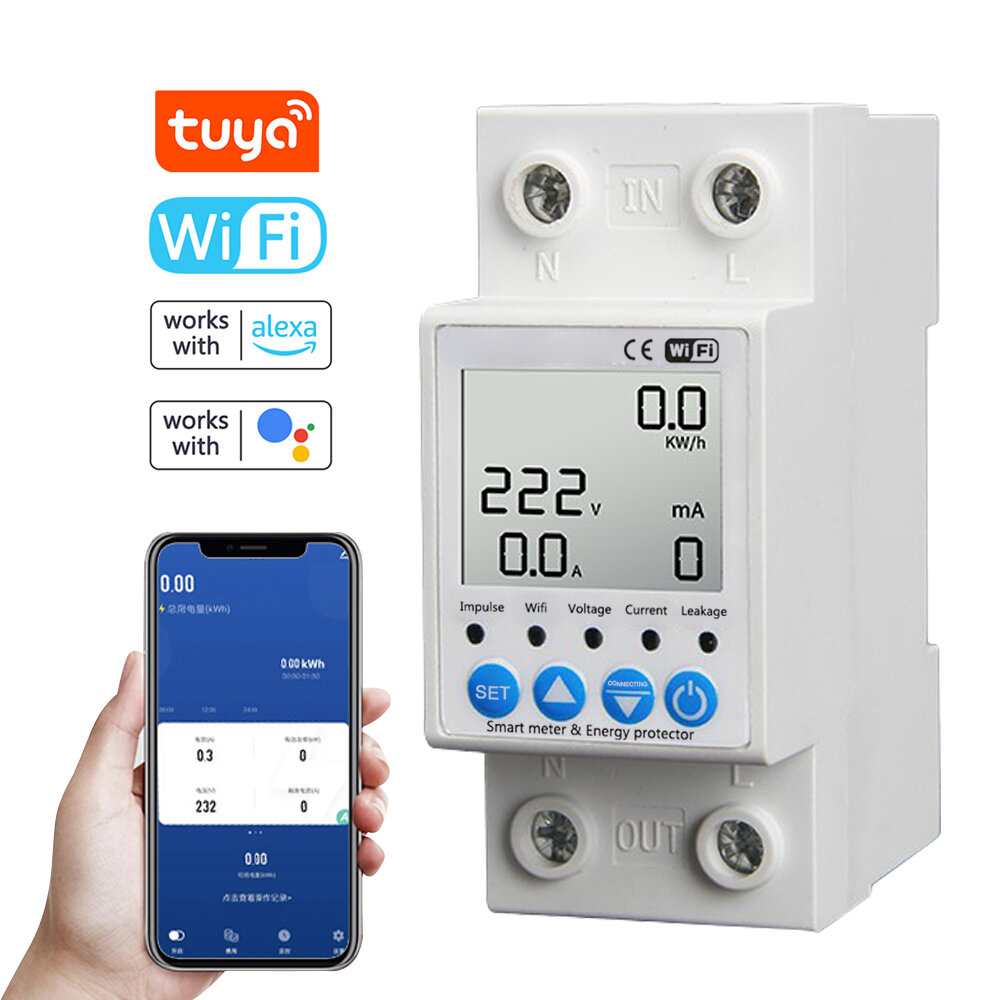 Tuya WiFi 63A Intelligent Leakage Protecting Switch Current Voltage Monitoring Circuit Breaker Timer Power Meter APP Control Work with Alexa Google Assistant