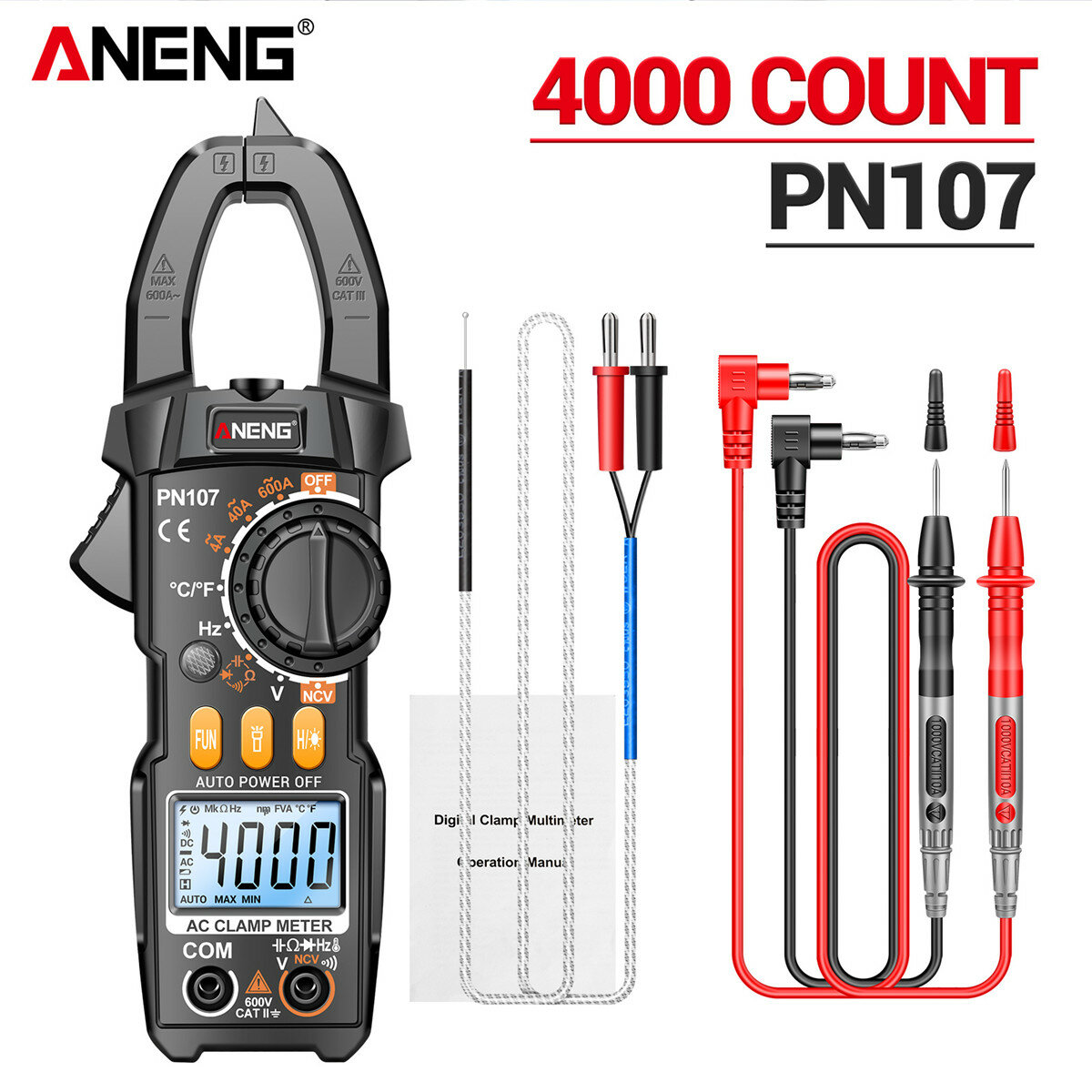 Upgrade ANENG PN107 Multifunctional Clamp Meter with AC/DC Voltage AC Current Resistance Capacitor Hz Frequency Temperature Measurement Features Precision Readings Backlit Screen Flashlight