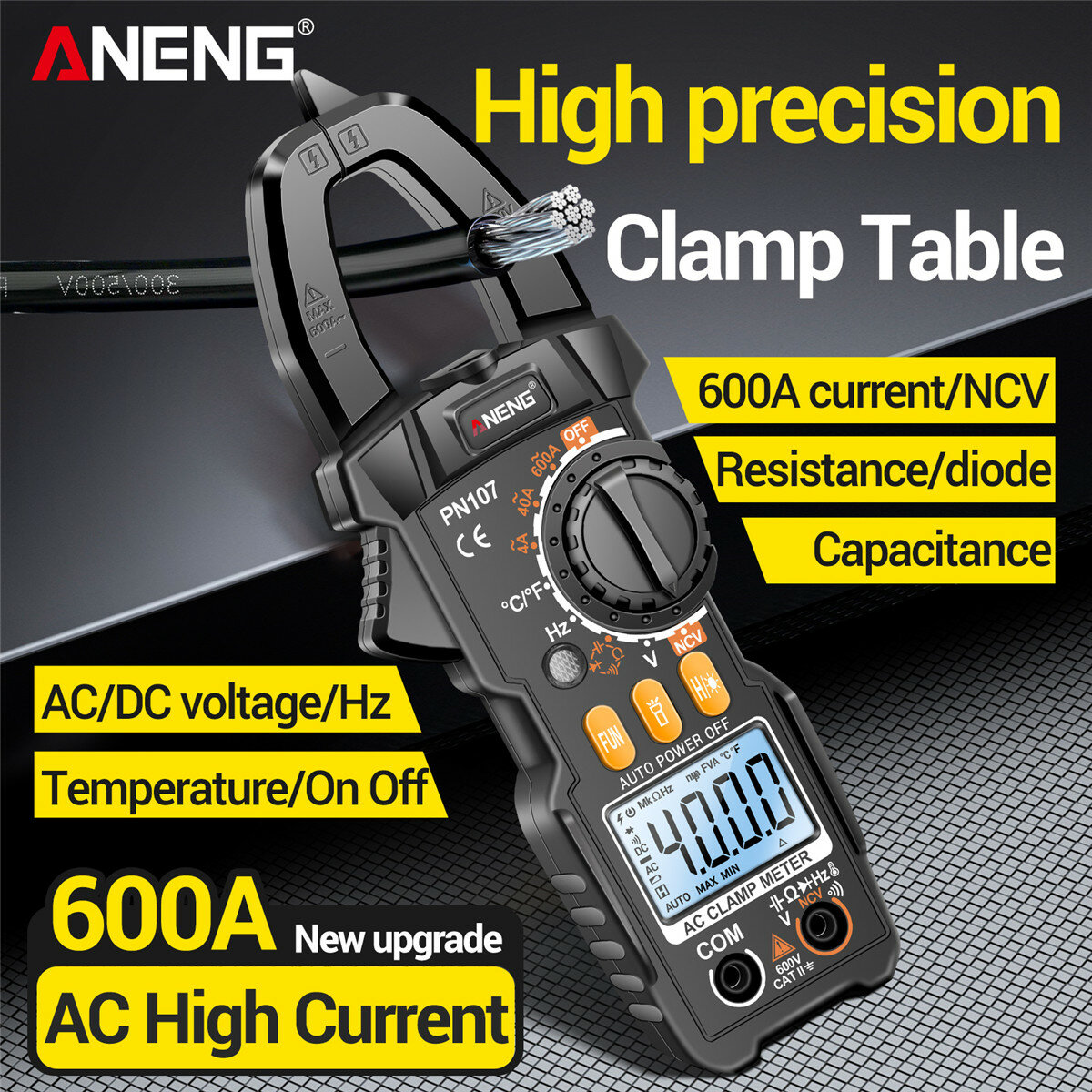 Upgrade ANENG PN107 Multifunctional Clamp Meter with AC/DC Voltage AC Current Resistance Capacitor Hz Frequency Temperature Measurement Features Precision Readings Backlit Screen Flashlight