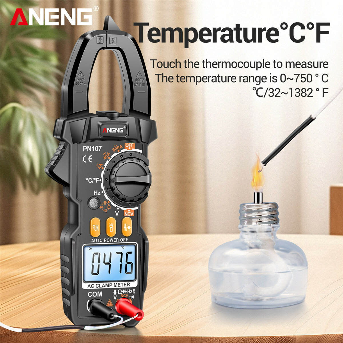 Upgrade ANENG PN107 Multifunctional Clamp Meter with AC/DC Voltage AC Current Resistance Capacitor Hz Frequency Temperature Measurement Features Precision Readings Backlit Screen Flashlight