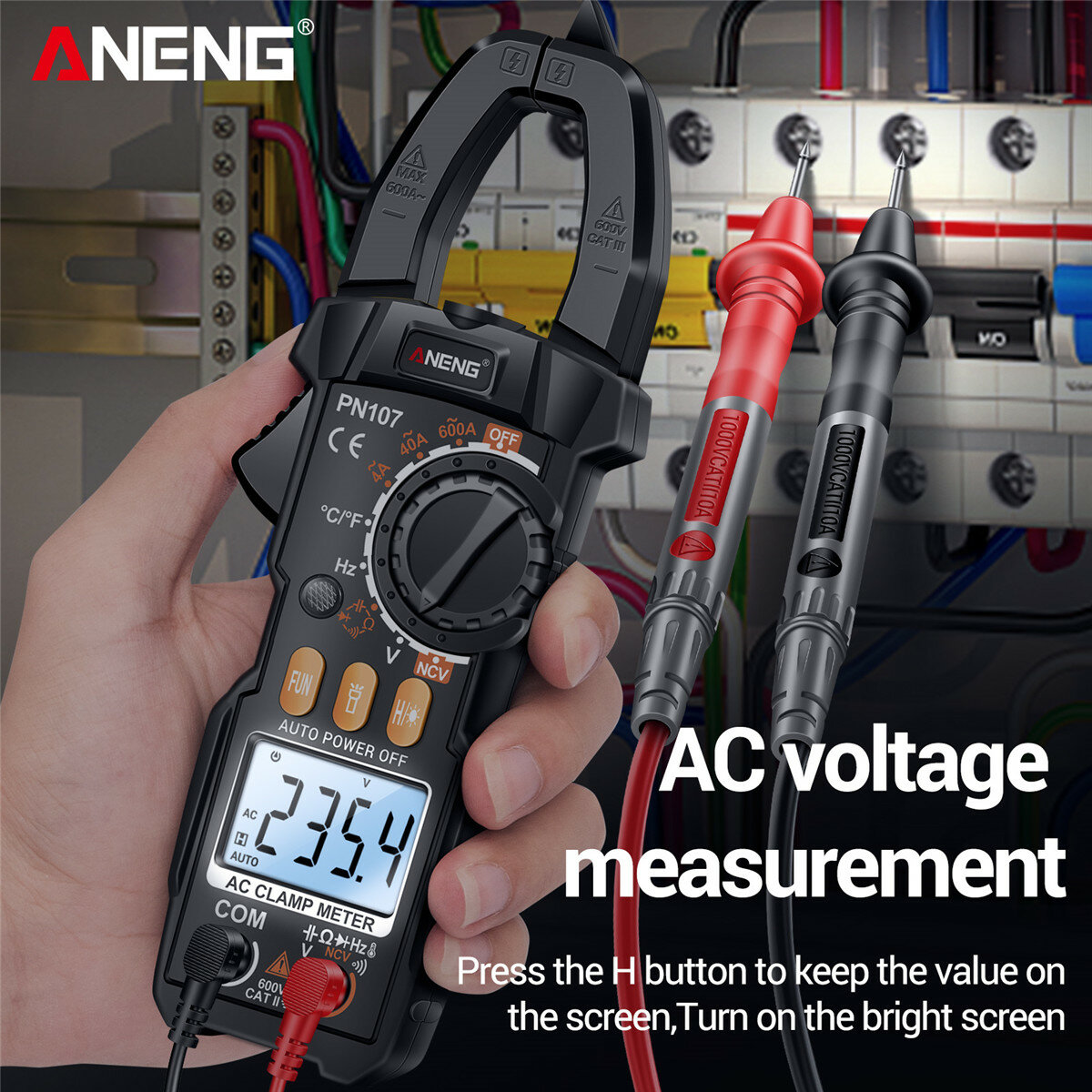 Upgrade ANENG PN107 Multifunctional Clamp Meter with AC/DC Voltage AC Current Resistance Capacitor Hz Frequency Temperature Measurement Features Precision Readings Backlit Screen Flashlight