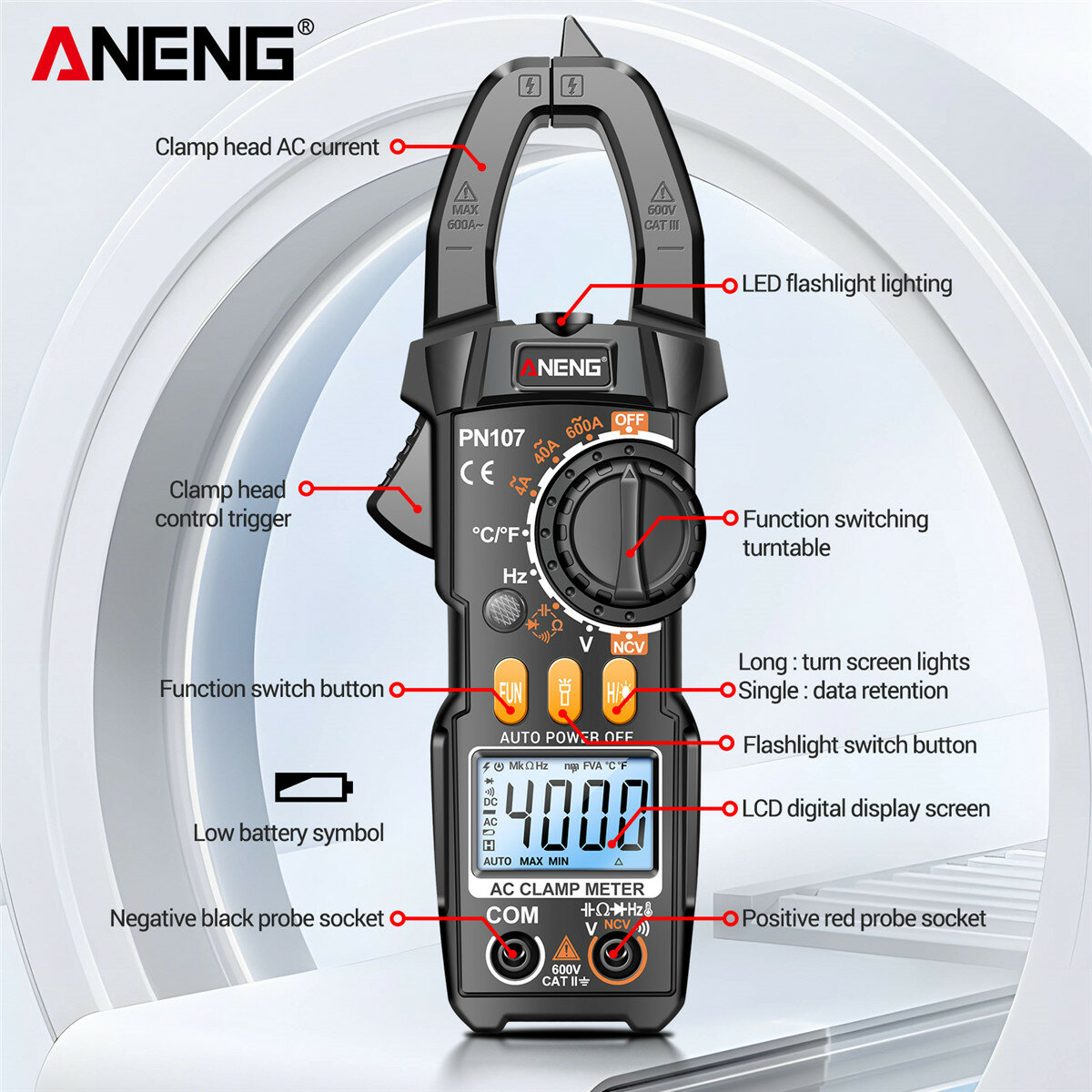 Upgrade ANENG PN107 Multifunctional Clamp Meter with AC/DC Voltage AC Current Resistance Capacitor Hz Frequency Temperature Measurement Features Precision Readings Backlit Screen Flashlight