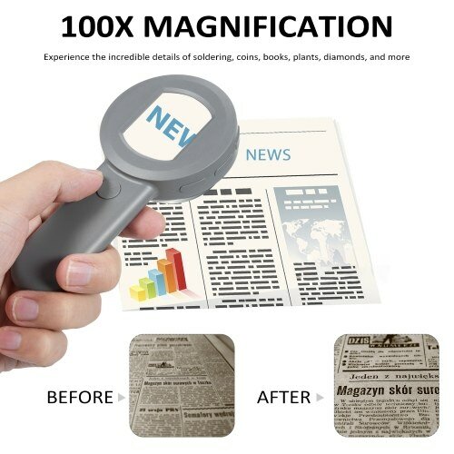 HM020 16MP 100X High Definition Handheld Microscope Magnifying Glass Digital Magnifier Device with 2-inch IPS Screen 8 LED Lights USB Connectivity Multi-Language Support