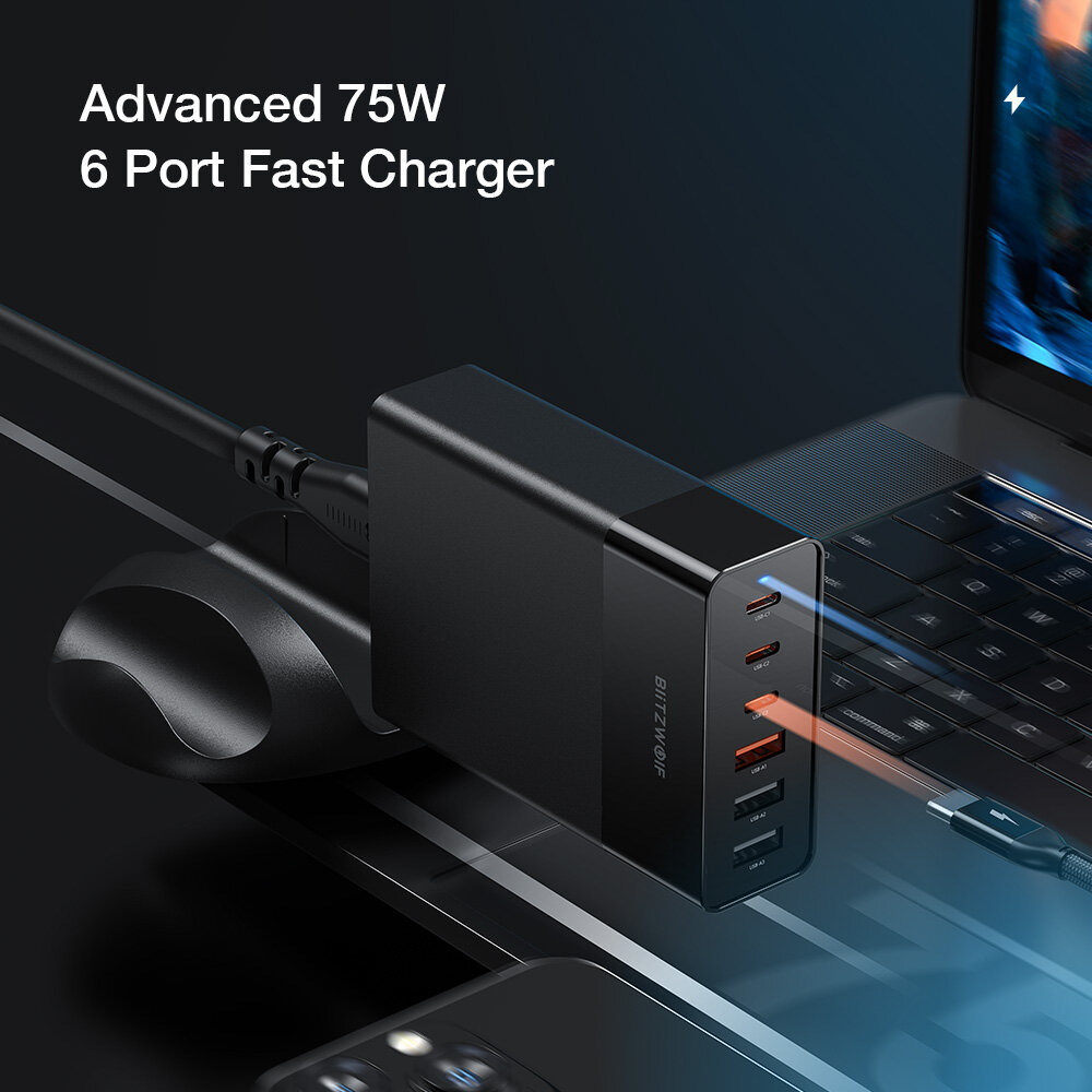 BlitzWolf® BW-S25 75W 6 Ports Desktop Charging Station Charger PPS PD3.0 QC3.0 SCP Fast Charging For iPhone 14 14 Plus 14 Pro Max For Samsung Galaxy Z Fold 4 S22 Ultra MacBook Air For iPad Pro 2021