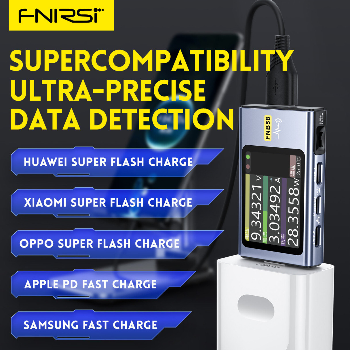FNIRSI-FNB58 USB QC/PD Voltage and Current Meter Tester Type-C Multi-functional Fast Charging Tester HD Screen Display Human-Computer Interaction Cable Detection Measure Module