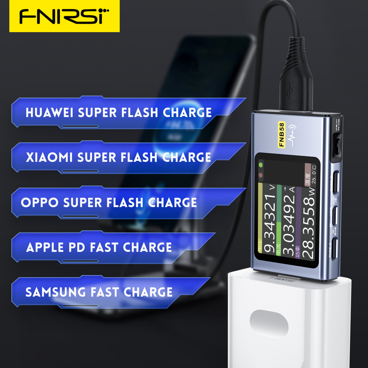 FNIRSI-FNB58 USB QC/PD Voltage and Current Meter Tester Type-C Multi-functional Fast Charging Tester HD Screen Display Human-Computer Interaction Cable Detection Measure Module