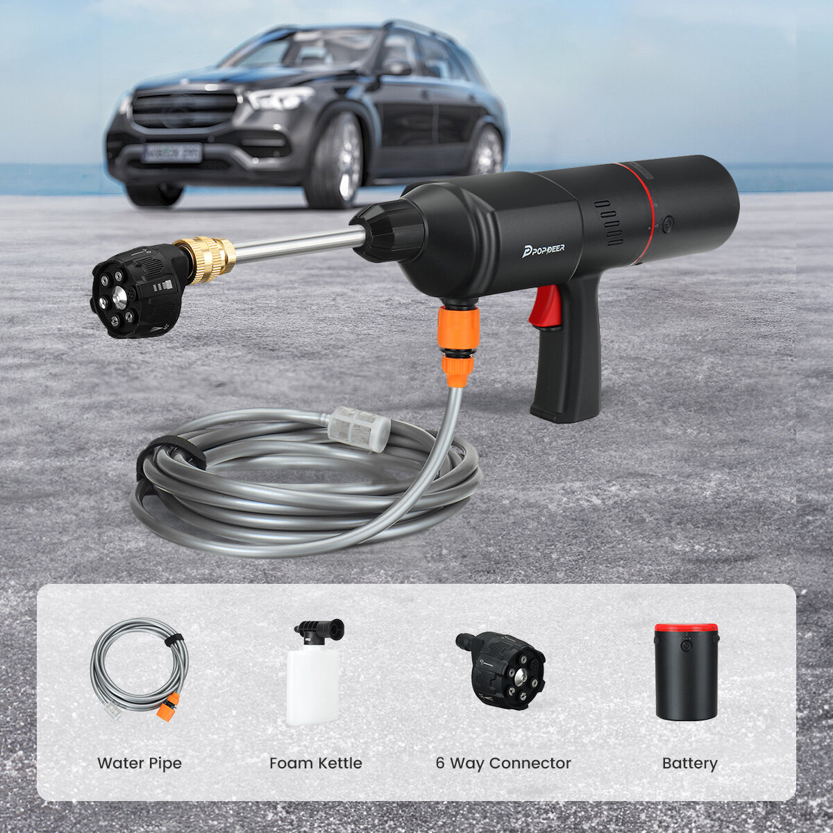 POPDEER PD-E Pro Multifunctional 4-in-1 Cordless Tire Inflator Pump + Car Washer+ Vacuum Cleaner + Cordless Power Bank Charger