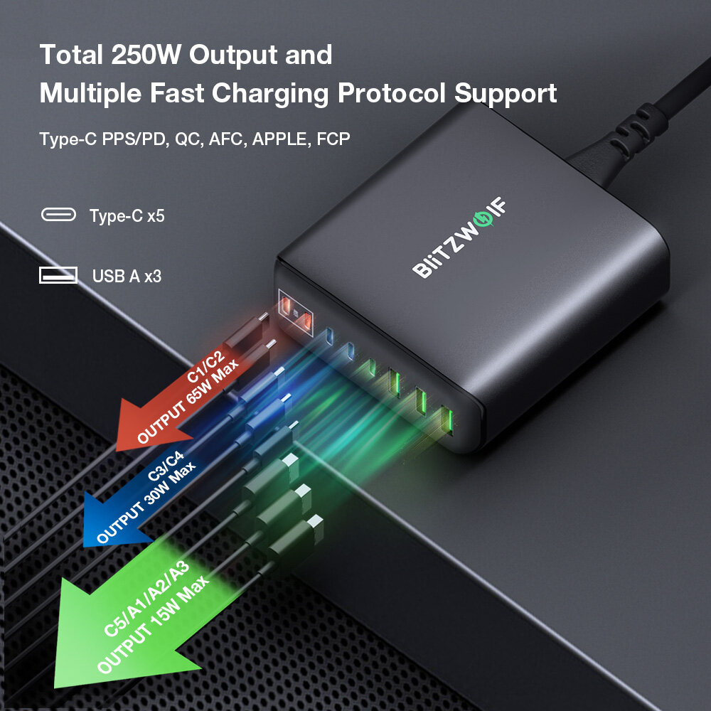 [GaN Tech] Blitzwolf® BW-S26 250W 8-Port USB PD Charger 3USB-A+5USB-C PD3.0 QC3.0 AFC FCP PPS APPLE Fast Charging Desktop Charging Station EU Plug for iPhone 15 14 13 for Samsung Galaxy Z Flip4 for MacBook Pro for Airpods for Apple Watch