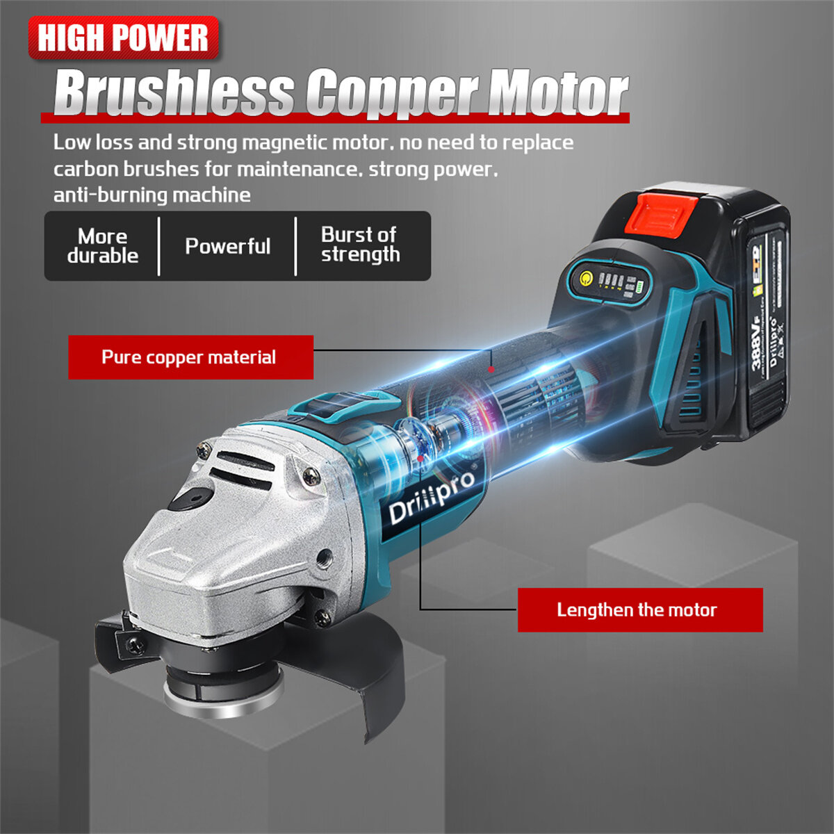 [EU Direct]Drillpro Cordless Brushless Angle Grinder 18V 800W High Power Output with Overload Resistance Compact Tool for Efficient Outdoor Operations Comes in Multiple Packages with Lithium Battery and EU Plug