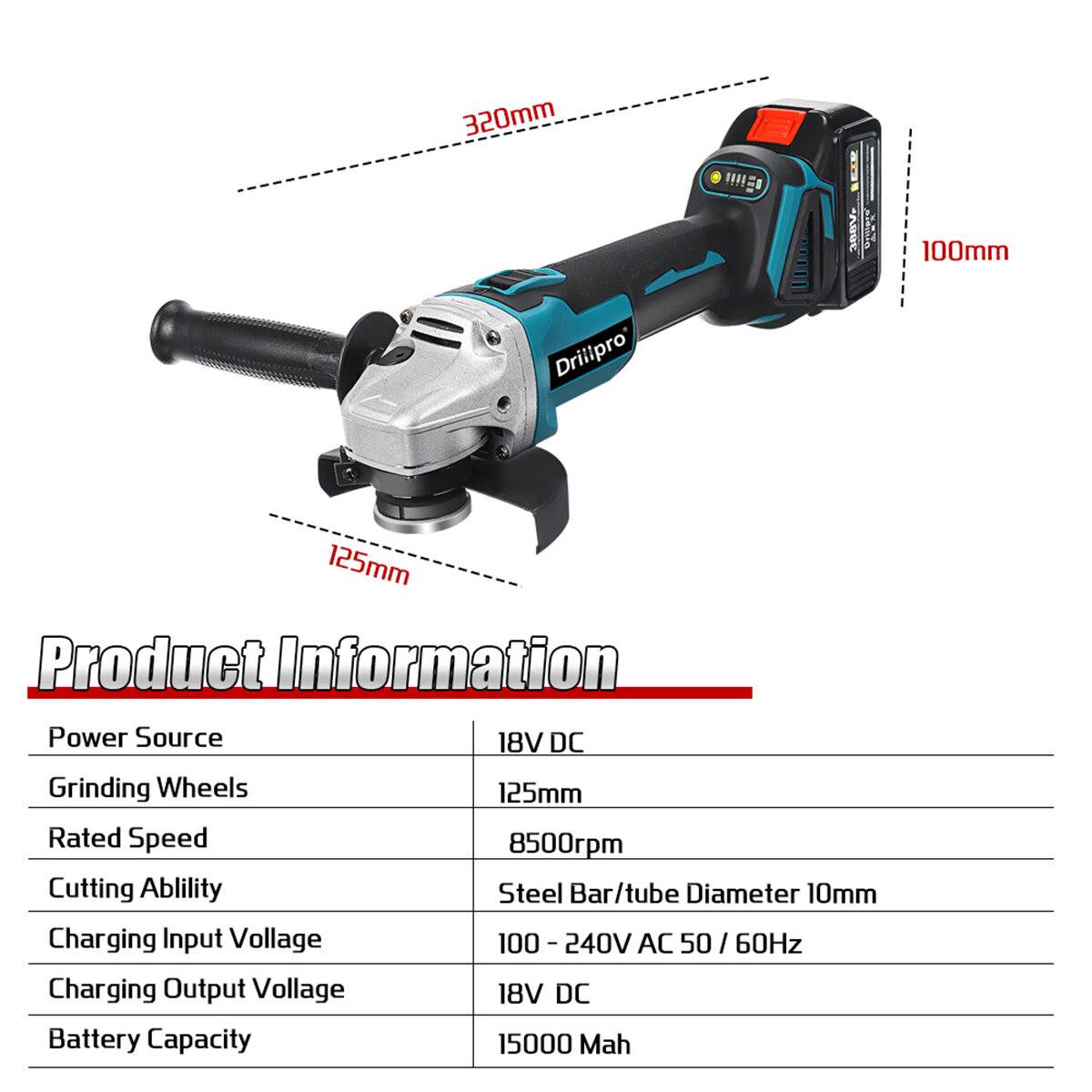 [EU Direct]Drillpro Cordless Brushless Angle Grinder 18V 800W High Power Output with Overload Resistance Compact Tool for Efficient Outdoor Operations Comes in Multiple Packages with Lithium Battery and EU Plug